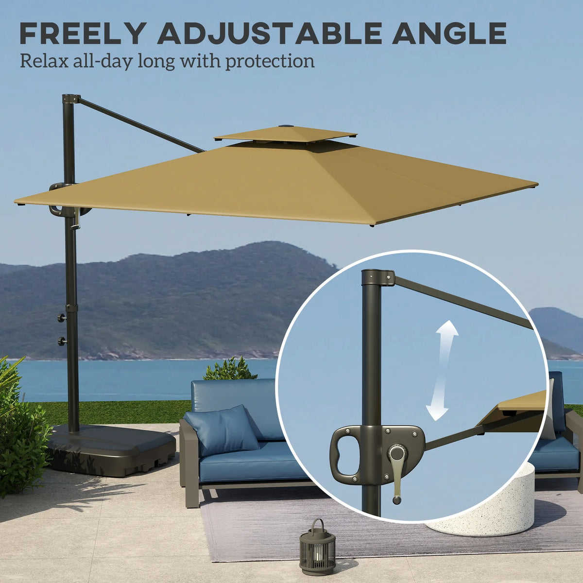 Adjustable cantilever patio parasol with tilt angle and khaki canopy.