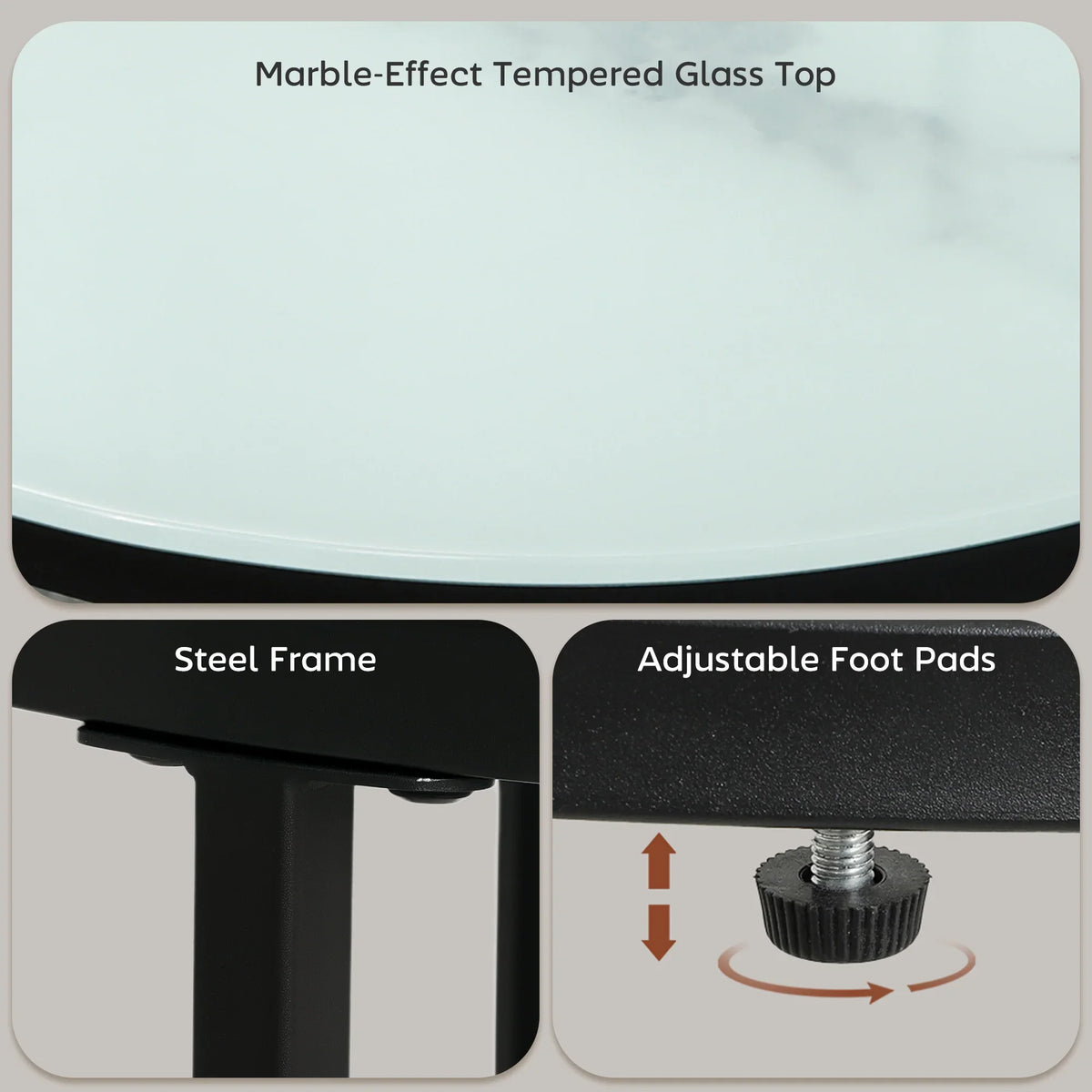 Marble-effect tempered glass table top with black steel frame and adjustable foot pads