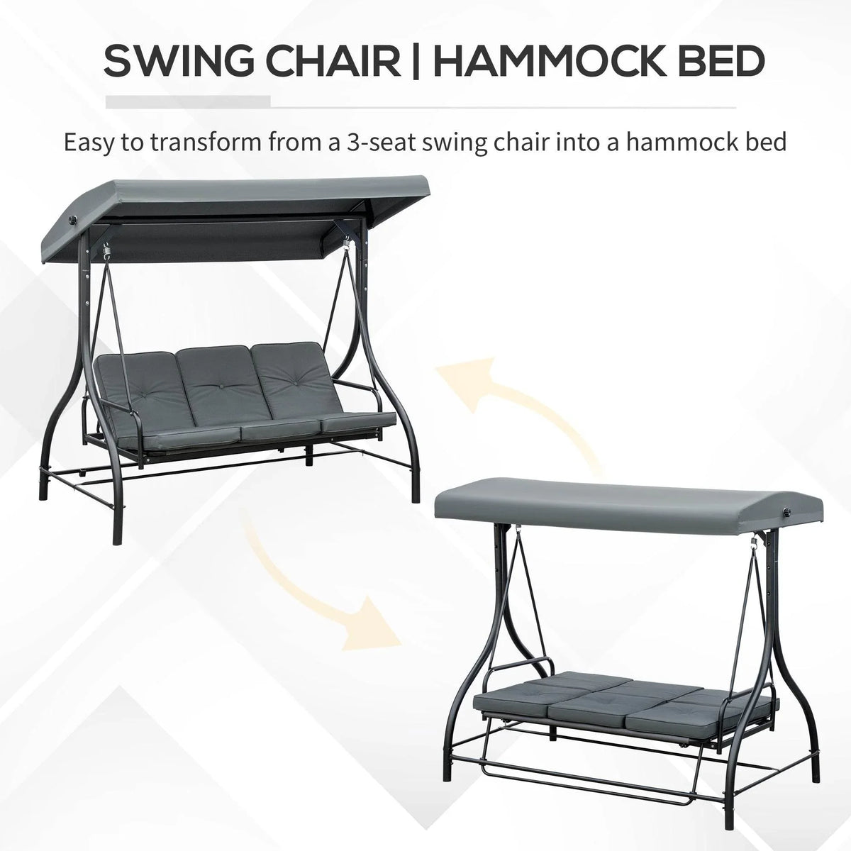 Dark grey swing chair hammock bed with adjustable canopy and padded three-seat cushions