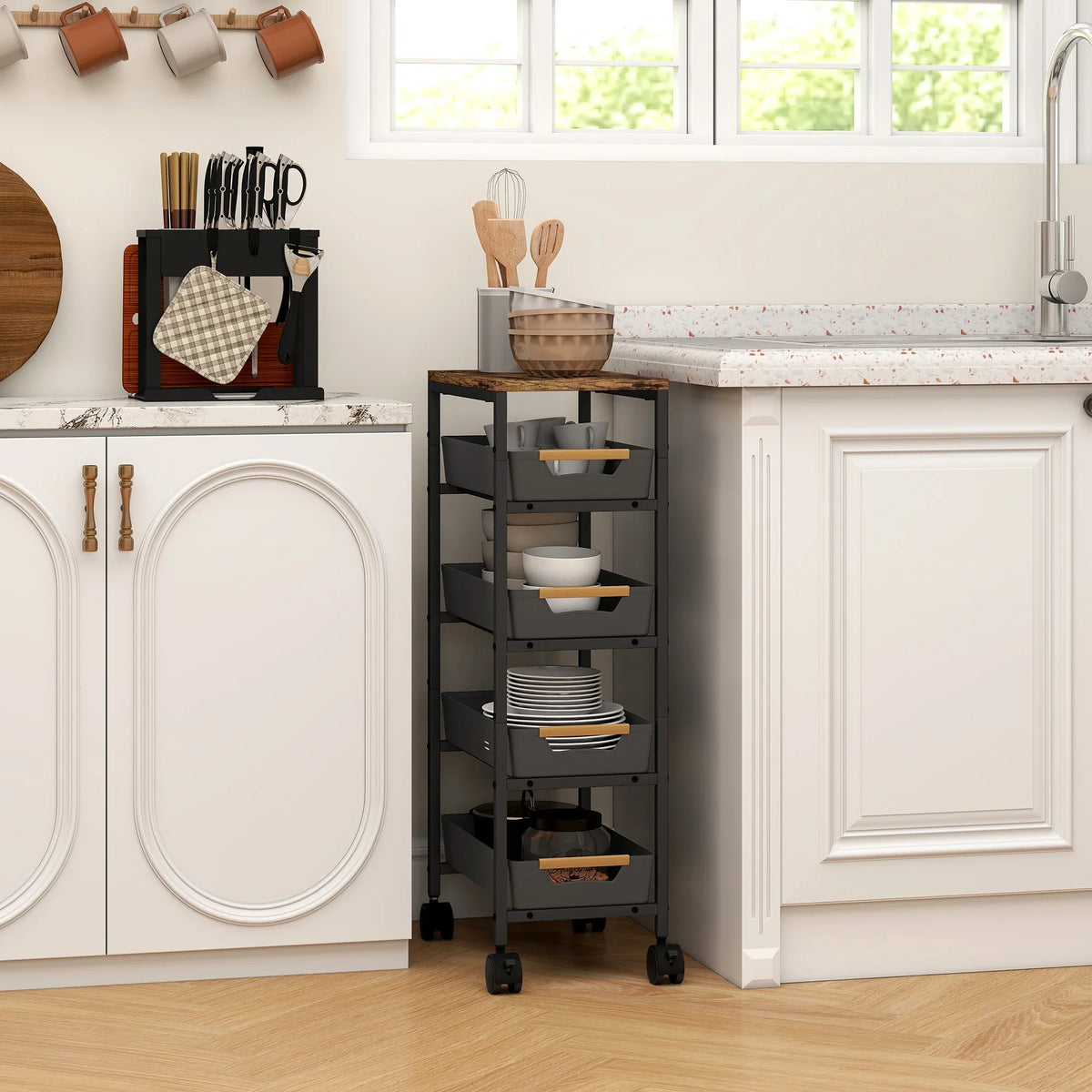 Black kitchen storage trolley with wood-effect top, open shelves, and rolling wheels.