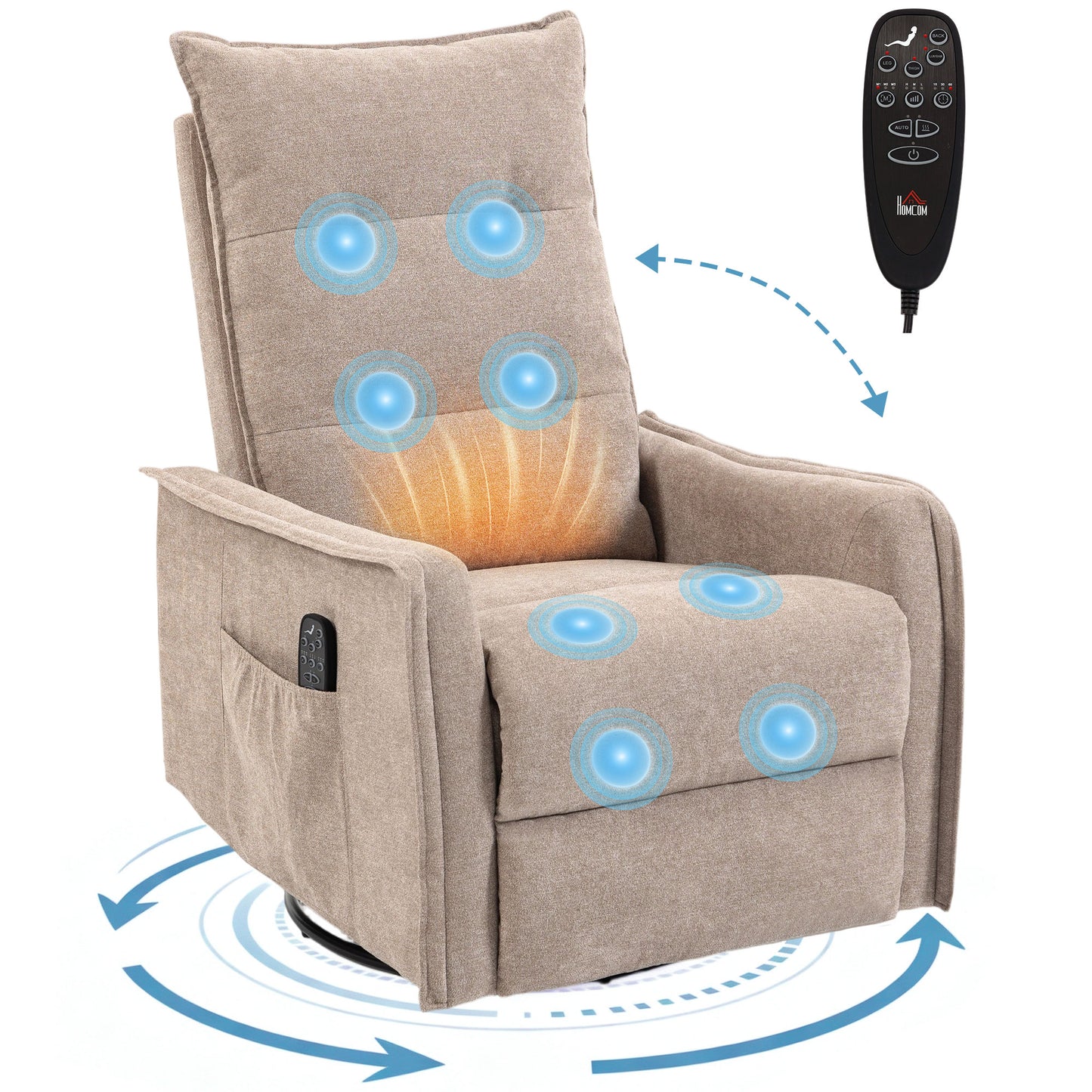 HOMCOM Chenille Recliner Armchair With Massage And Heat 360 Degree Swivel Manual Rocking Chair Brown