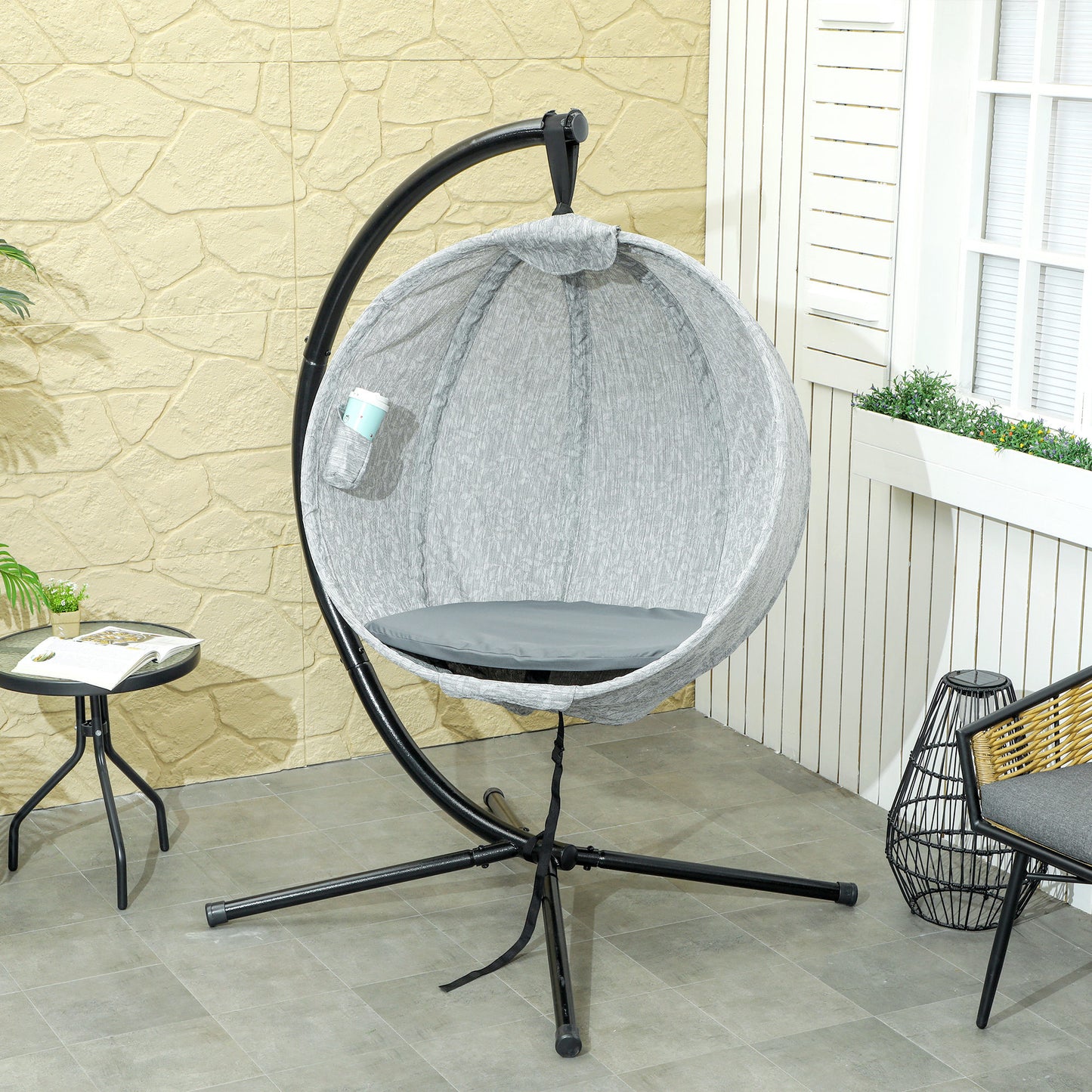 Outsunny Hanging Egg Chair for Patio Outdoor Indoor Garden Swing with Folding Basket Thick Cushion Cup Holder Grey