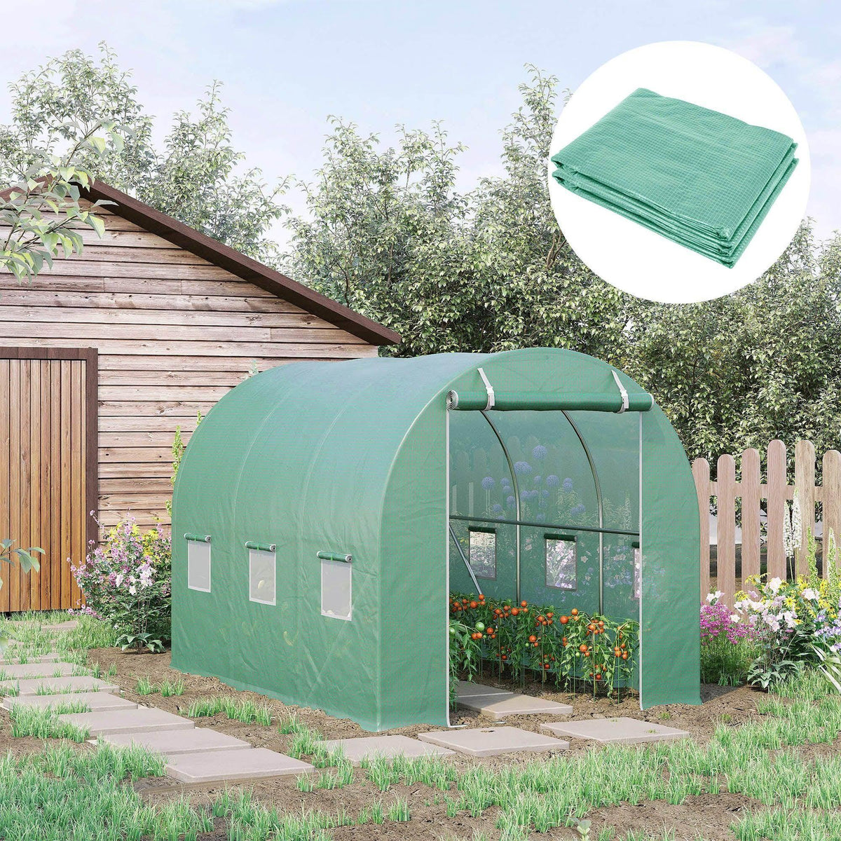 Green PE greenhouse cover with arched tunnel shape and front roll-up door flap