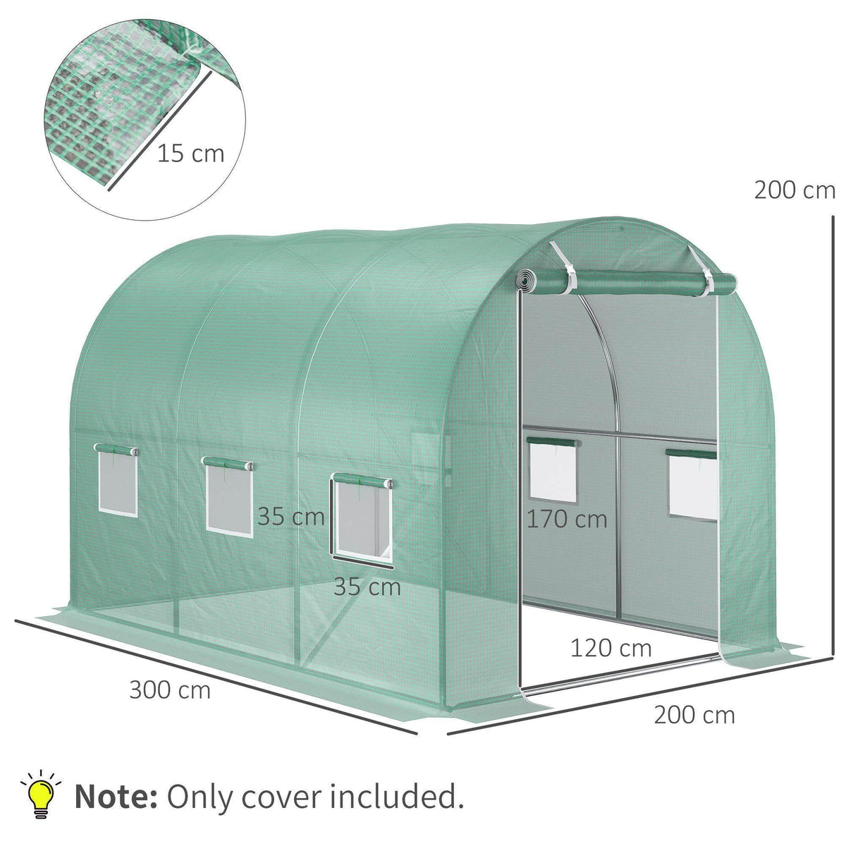 Green PE greenhouse cover shown with side dimensions and curved entrance panel