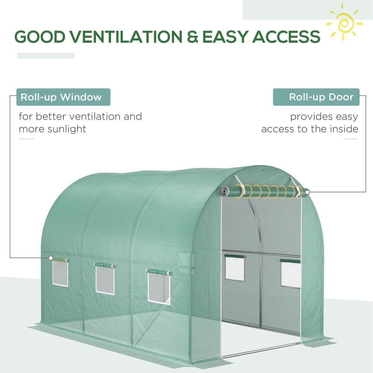 Green PE greenhouse cover with roll-up door and roll-up window on the side