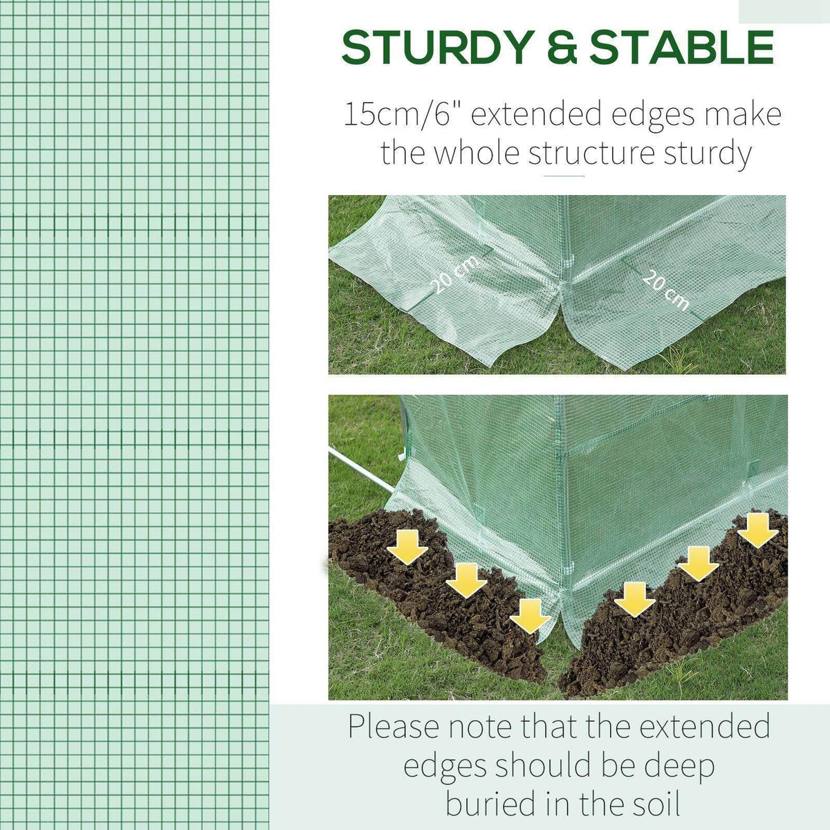Green PE greenhouse cover with extended ground edges for sturdier stability