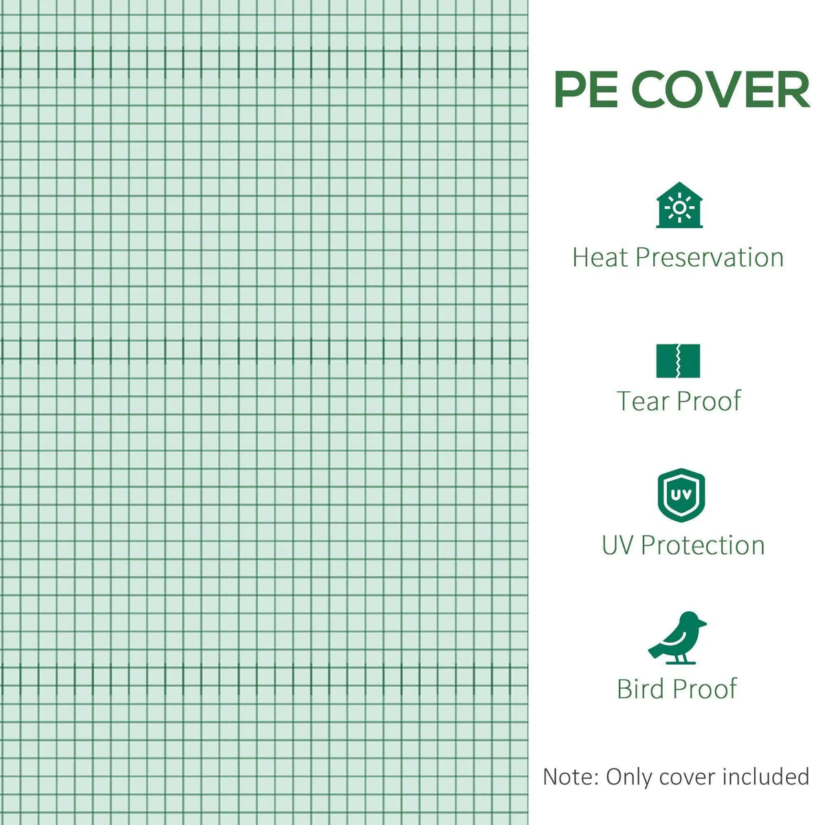 Green PE greenhouse cover material with UV and heat-preservation feature icons