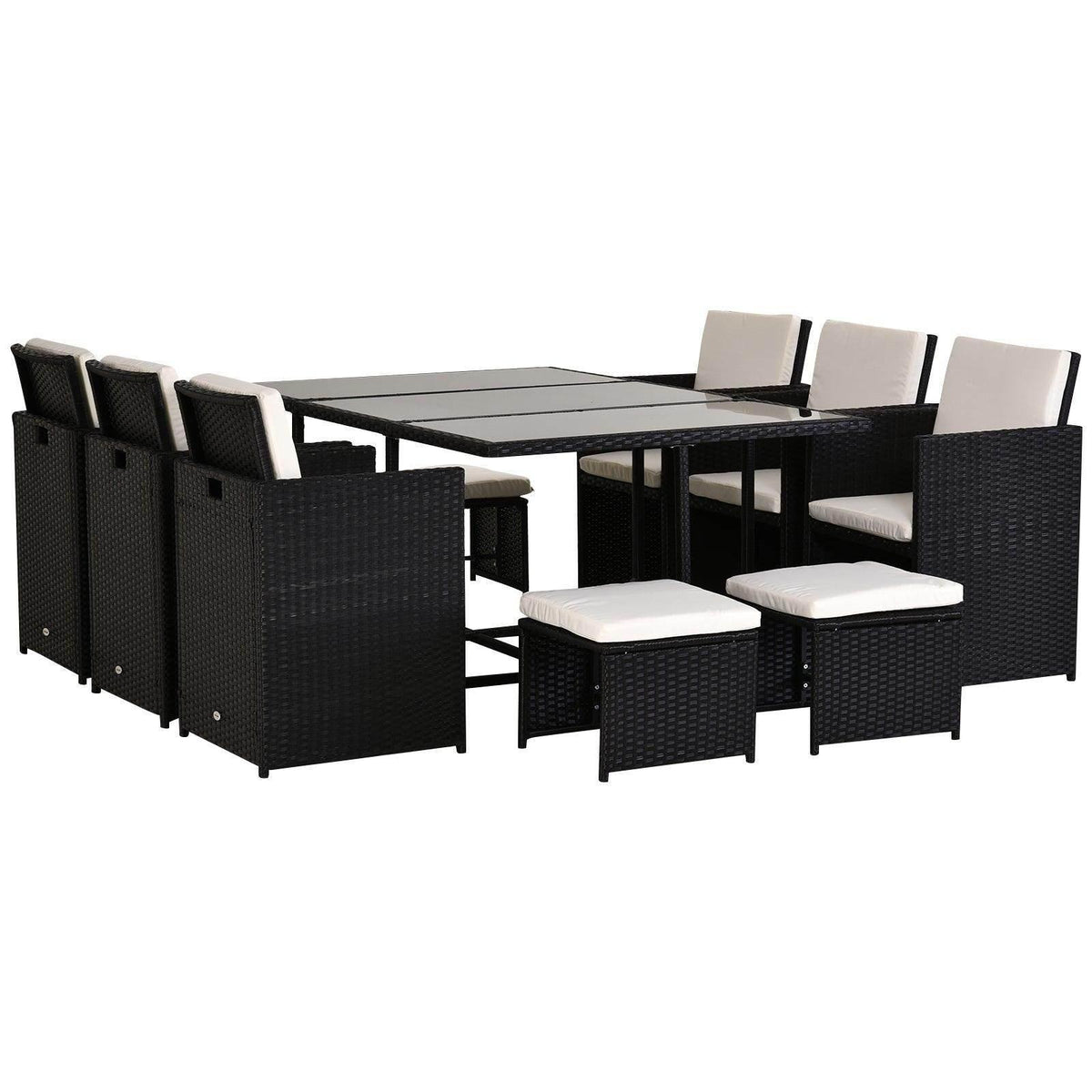 Black rattan patio dining set with glass-top table, armchairs, and cushioned stools