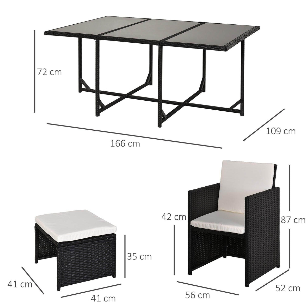 Black woven patio dining table with tempered glass top and matching cushioned armchairs