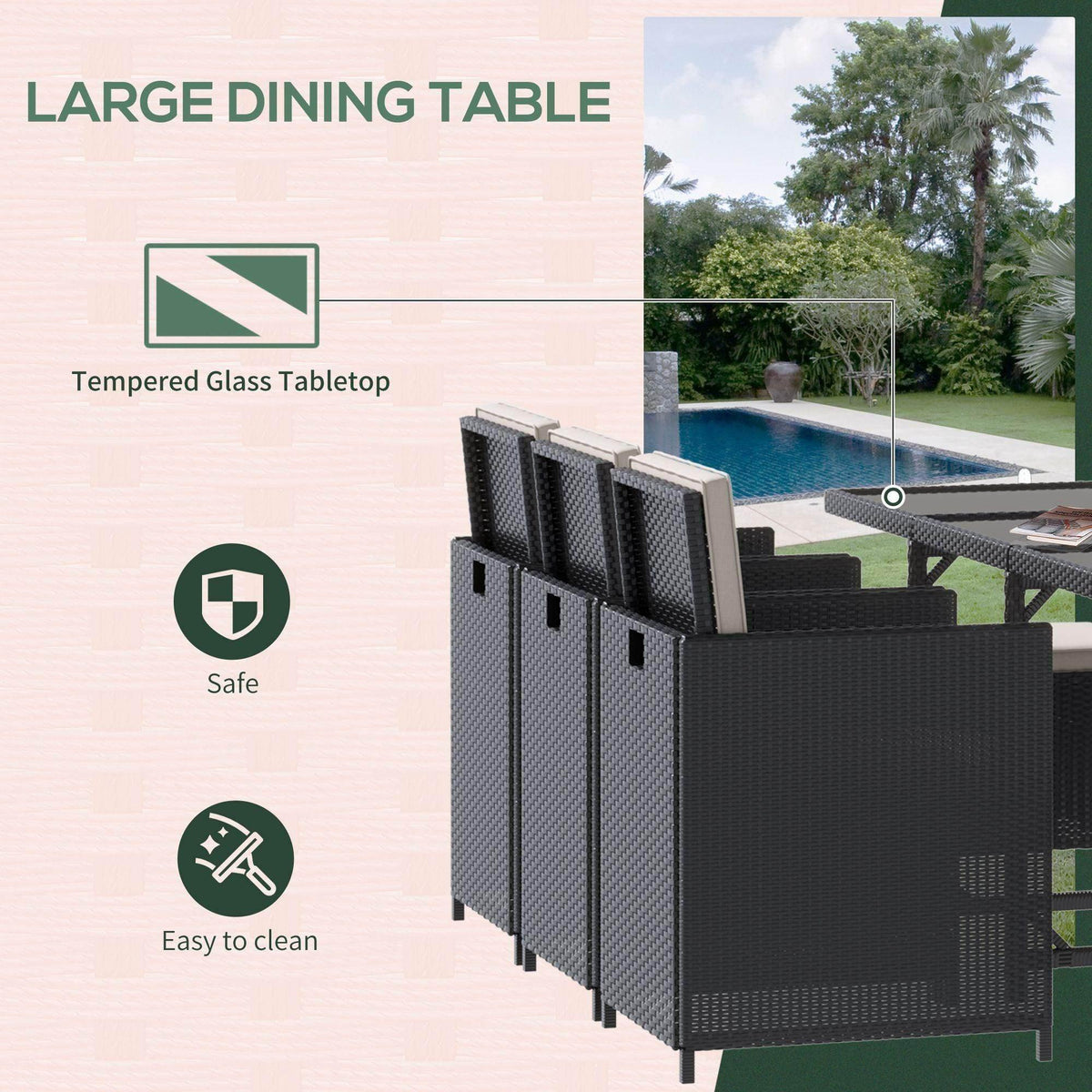 Black rattan patio dining set with large glass-top table and stacked armchairs
