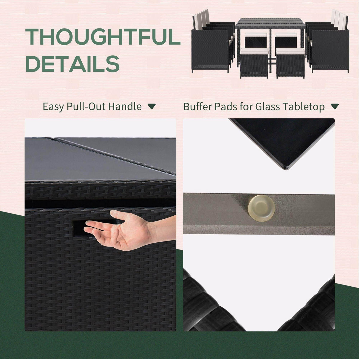 Black rattan patio dining set detail: pull-out handle and glass tabletop edge pads