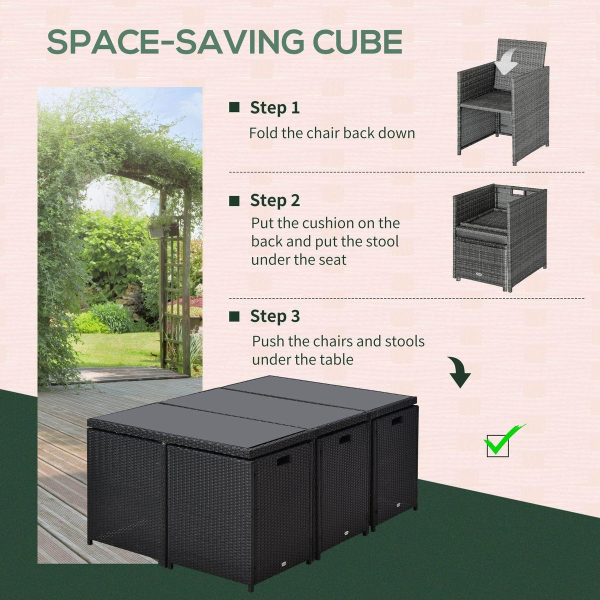 Black rattan patio dining set cube ottoman with cushioned seat that tucks under table