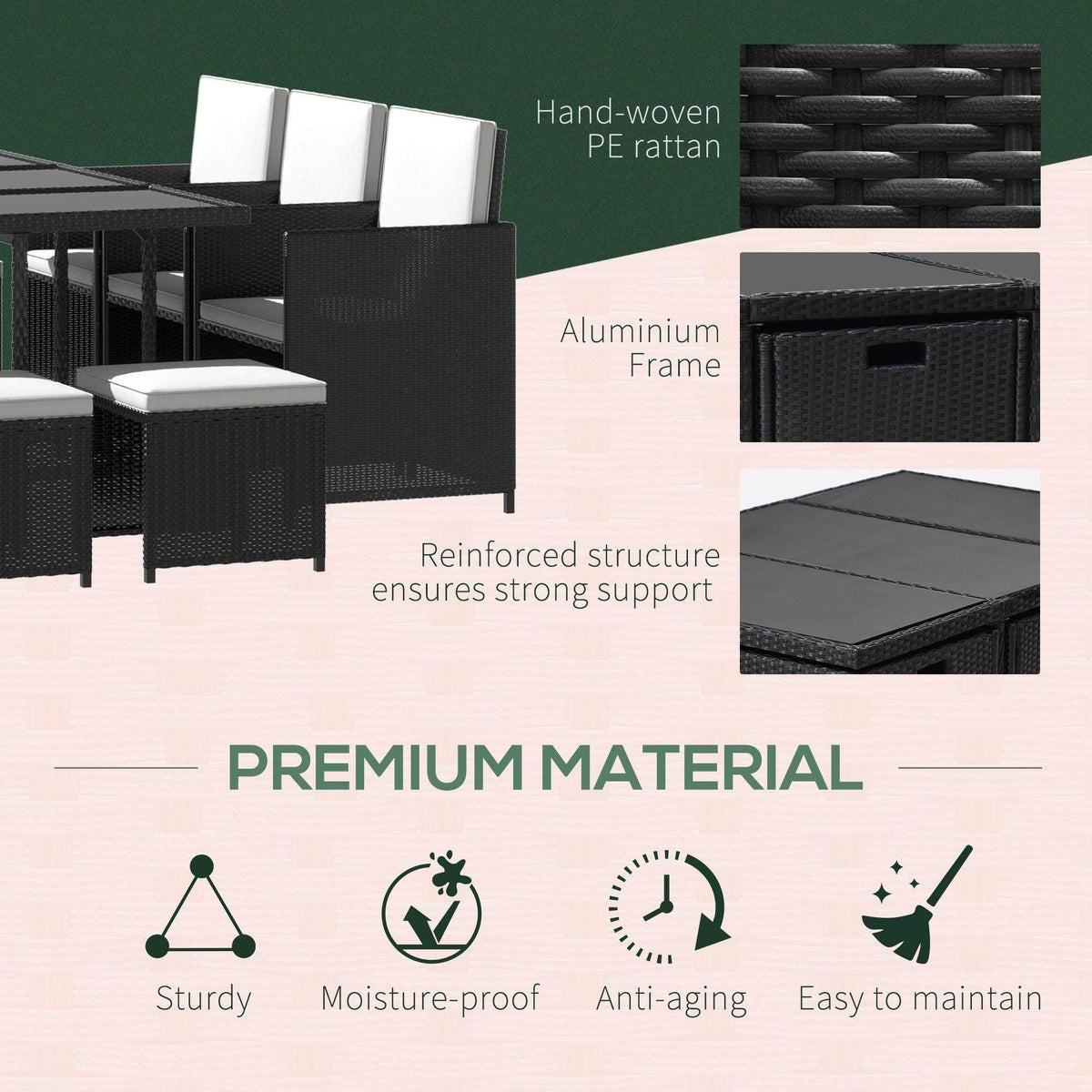 Black rattan patio dining set with woven PE rattan and aluminum frame details