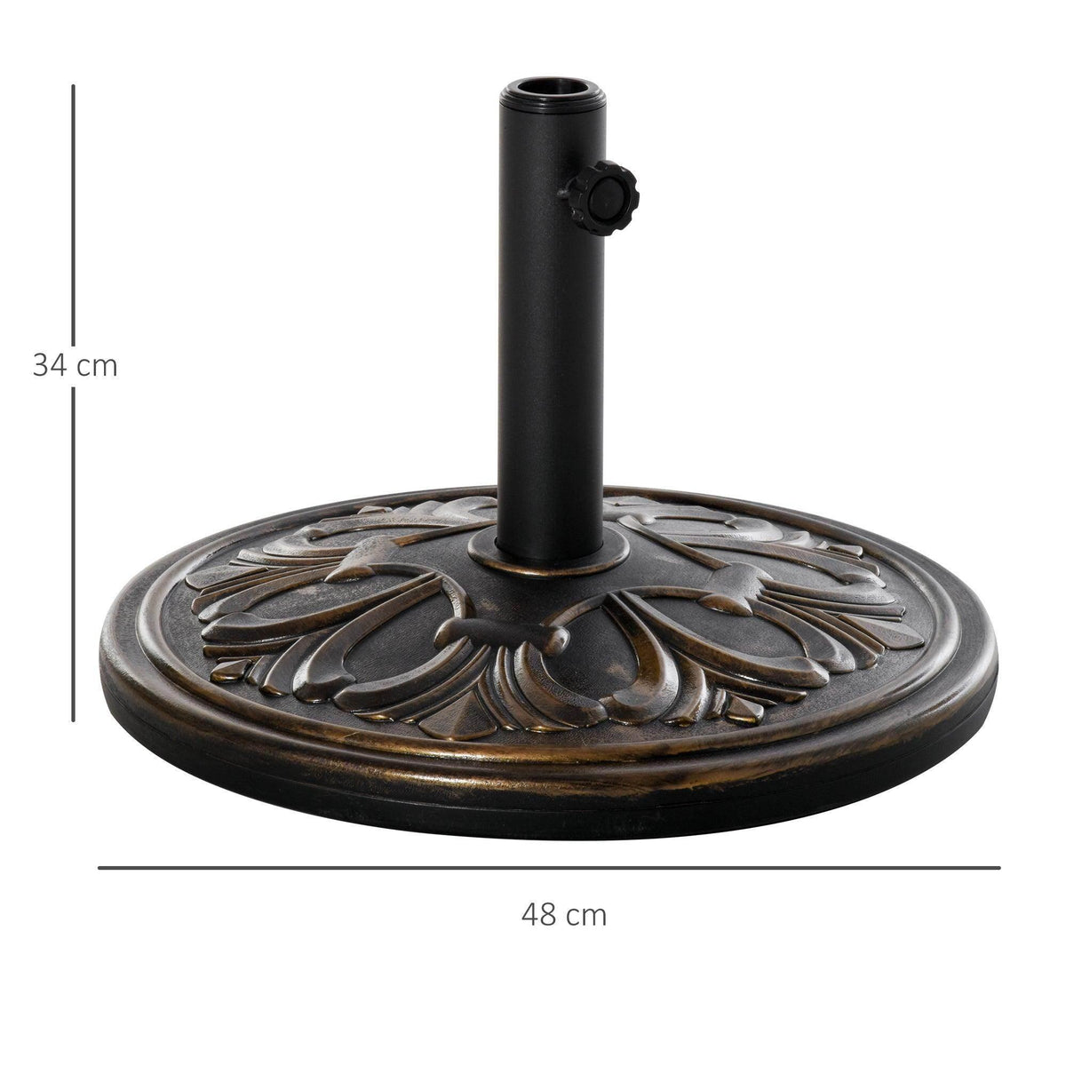 Bronze round umbrella base with central pole tube and ornate carved floral rim