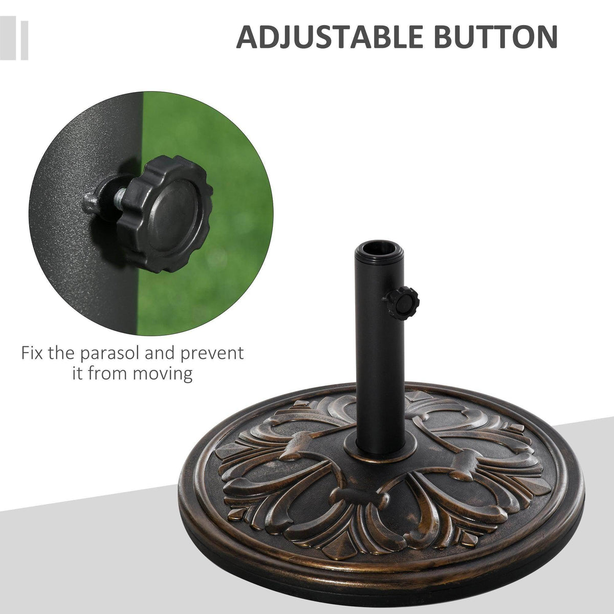 Bronze umbrella base with adjustable locking button on pole tube and carved flower top