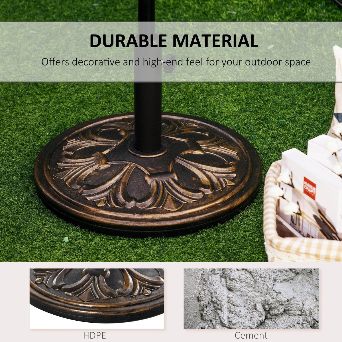 Bronze round umbrella base with decorative carved pattern and upright pole stem