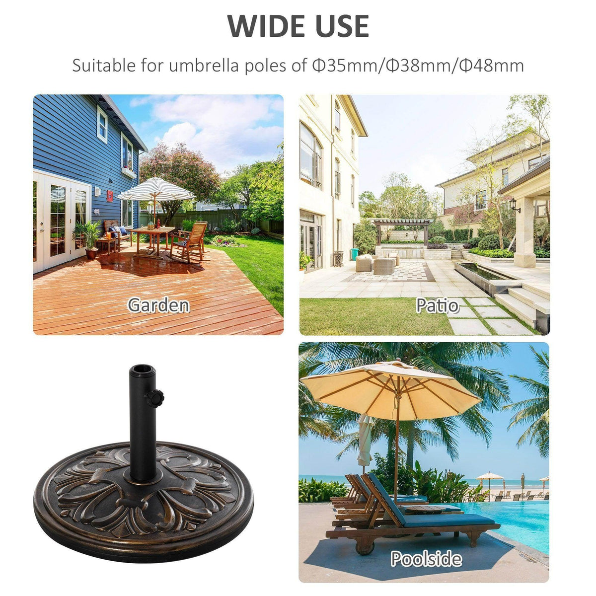 Bronze umbrella base weight stand with upright pole and decorative carved circular top