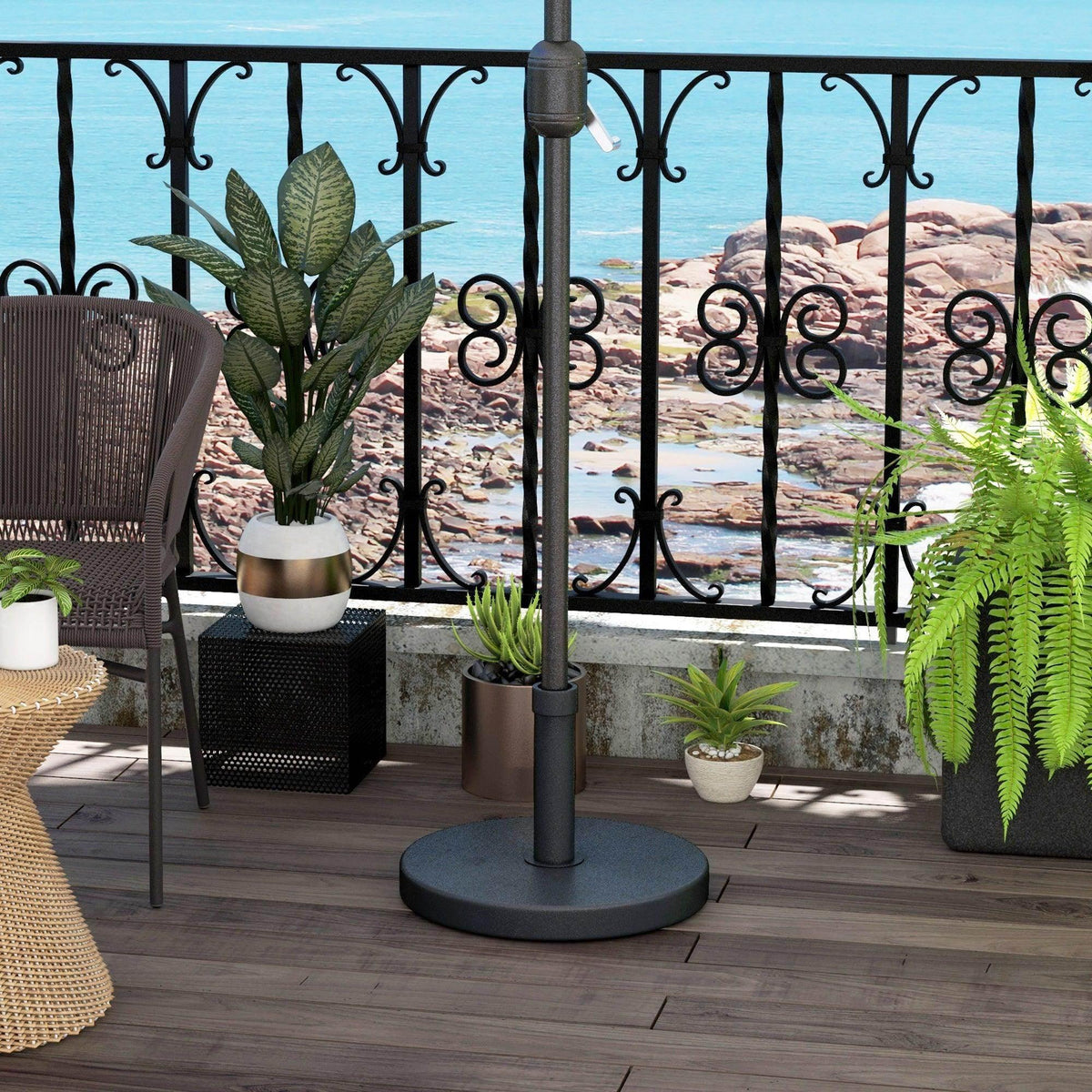 Umbrella parasol base stand with dark gray round concrete-style weight and vertical pole