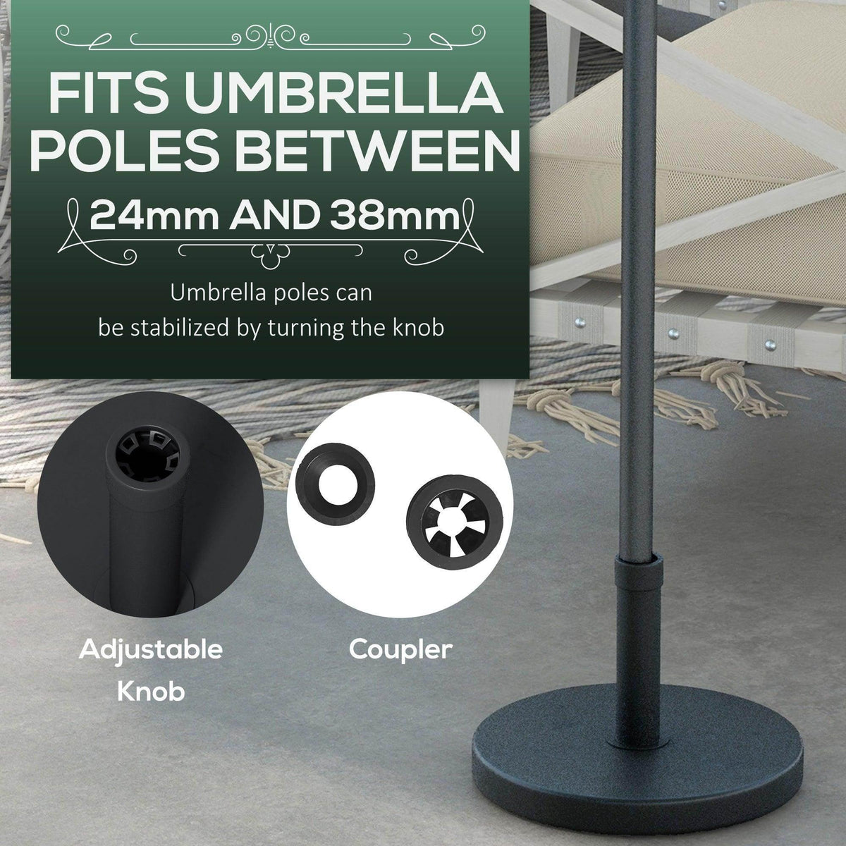 Umbrella parasol base with adjustable knob coupler for stabilizing umbrella poles