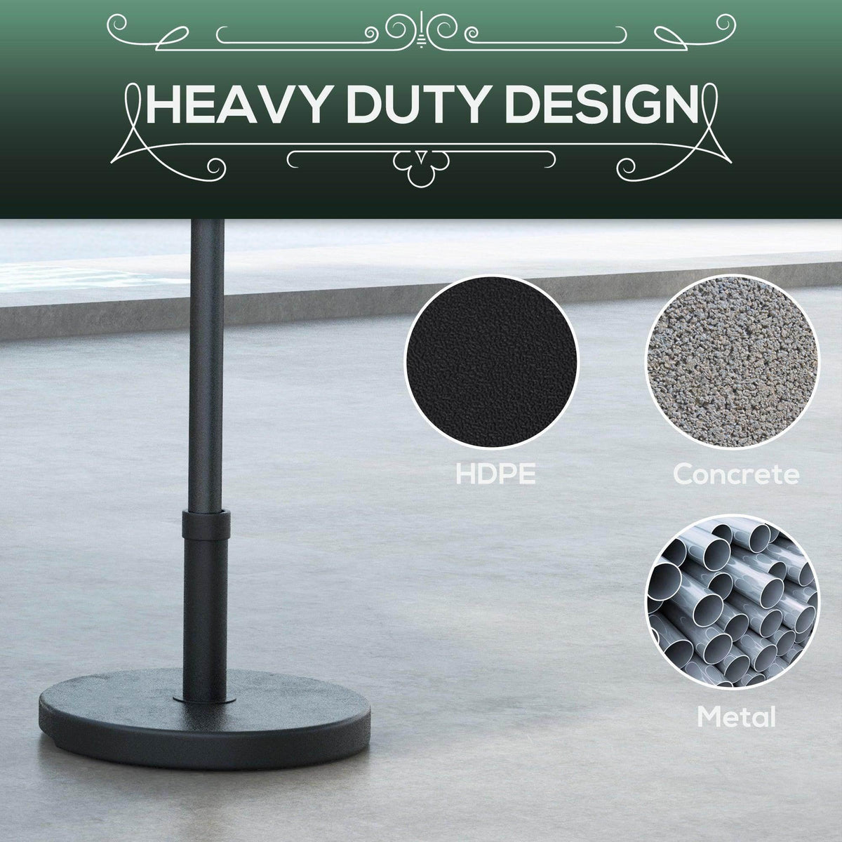 Heavy-duty umbrella stand base with dark gray concrete-style texture and metal pole