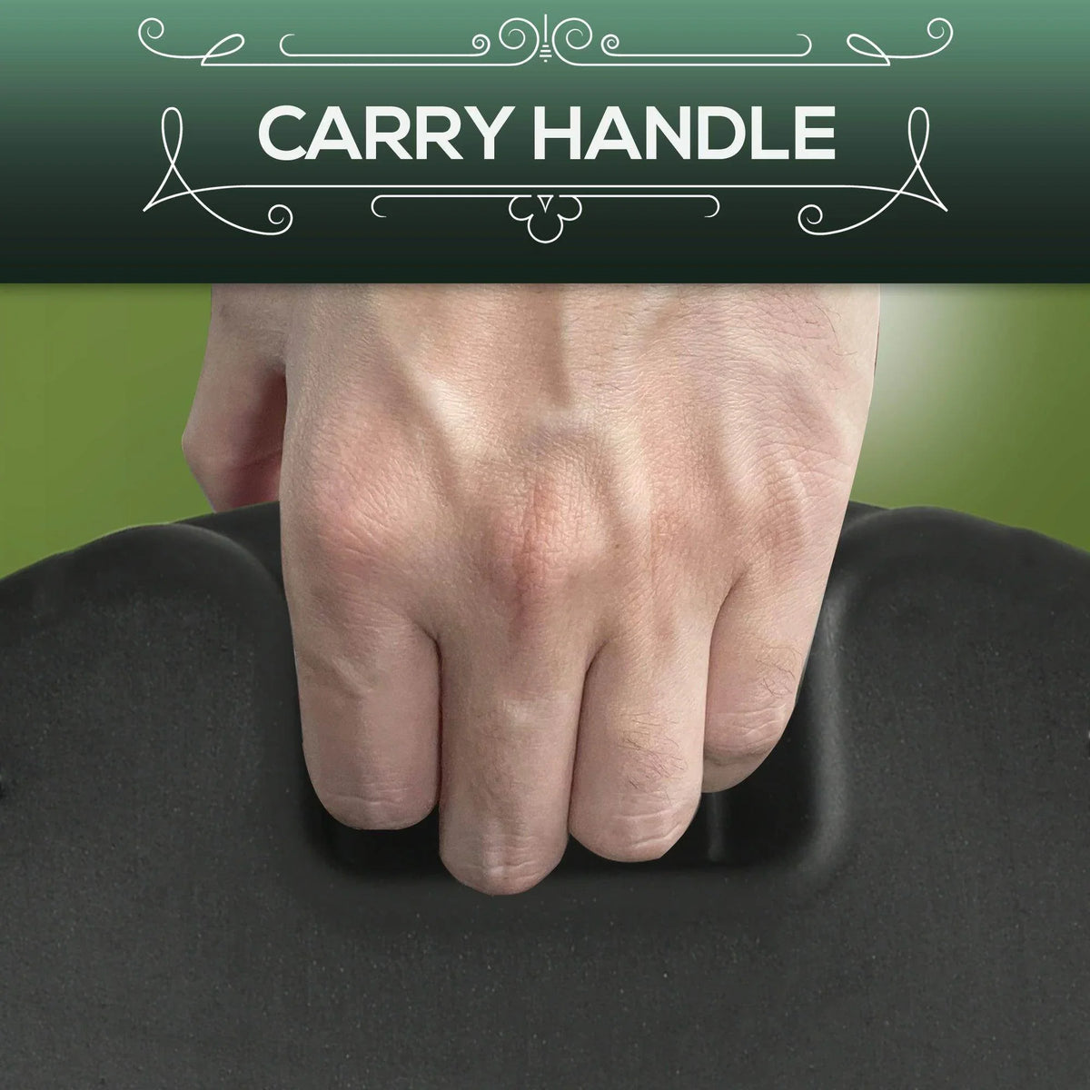 Umbrella base carry handle with hand gripping the dark gray weight for lifting