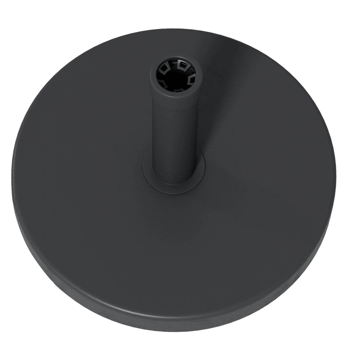 Dark gray round umbrella base with centered pole opening and molded coupler