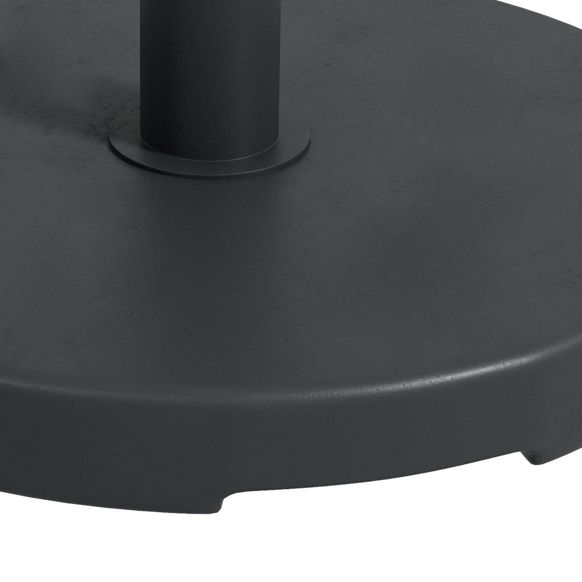 Close-up of underside edge of dark gray round umbrella base with central pole