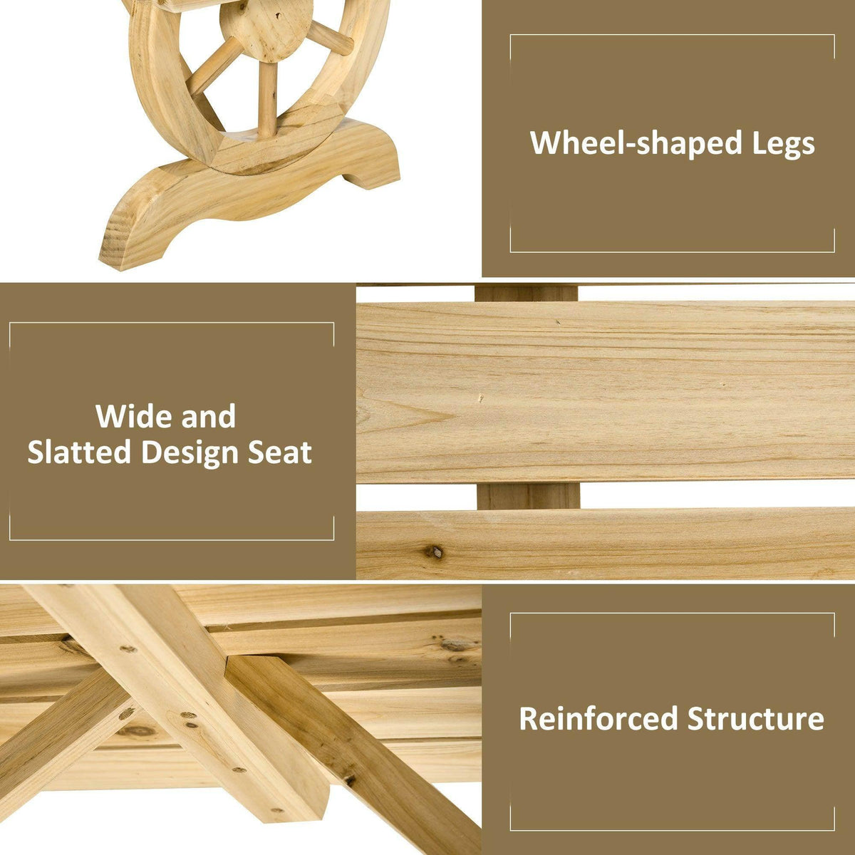 Wooden bench wheel-shaped leg detail with slatted seat and cross bracing.