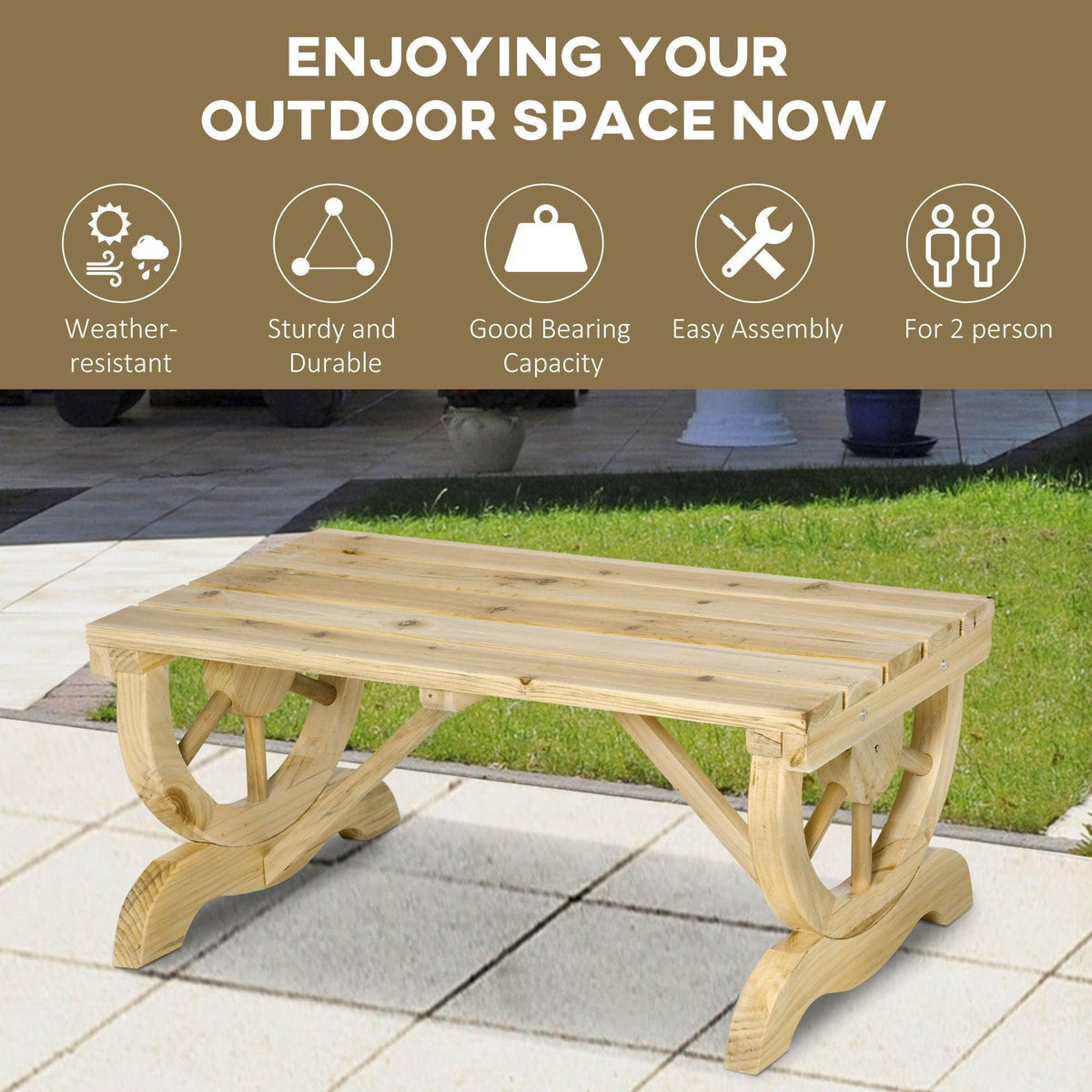 Rustic outdoor wooden bench with slatted seat and wheel-shaped legs, natural wood.
