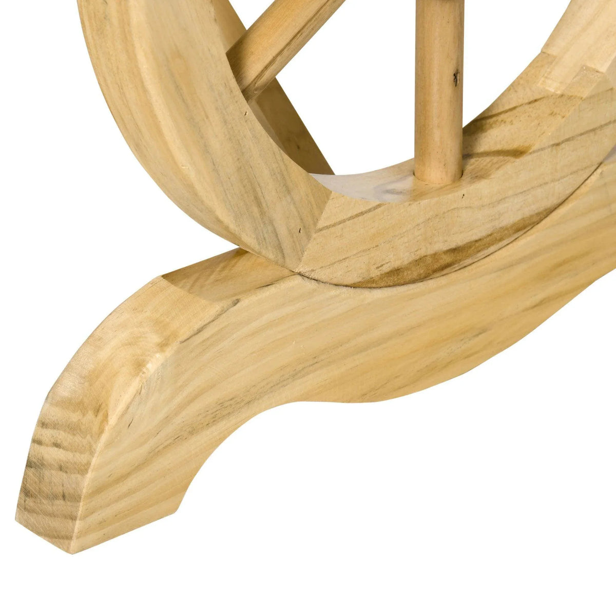 Wheel-shaped wooden bench leg joint with reinforced slatted underside, natural finish.