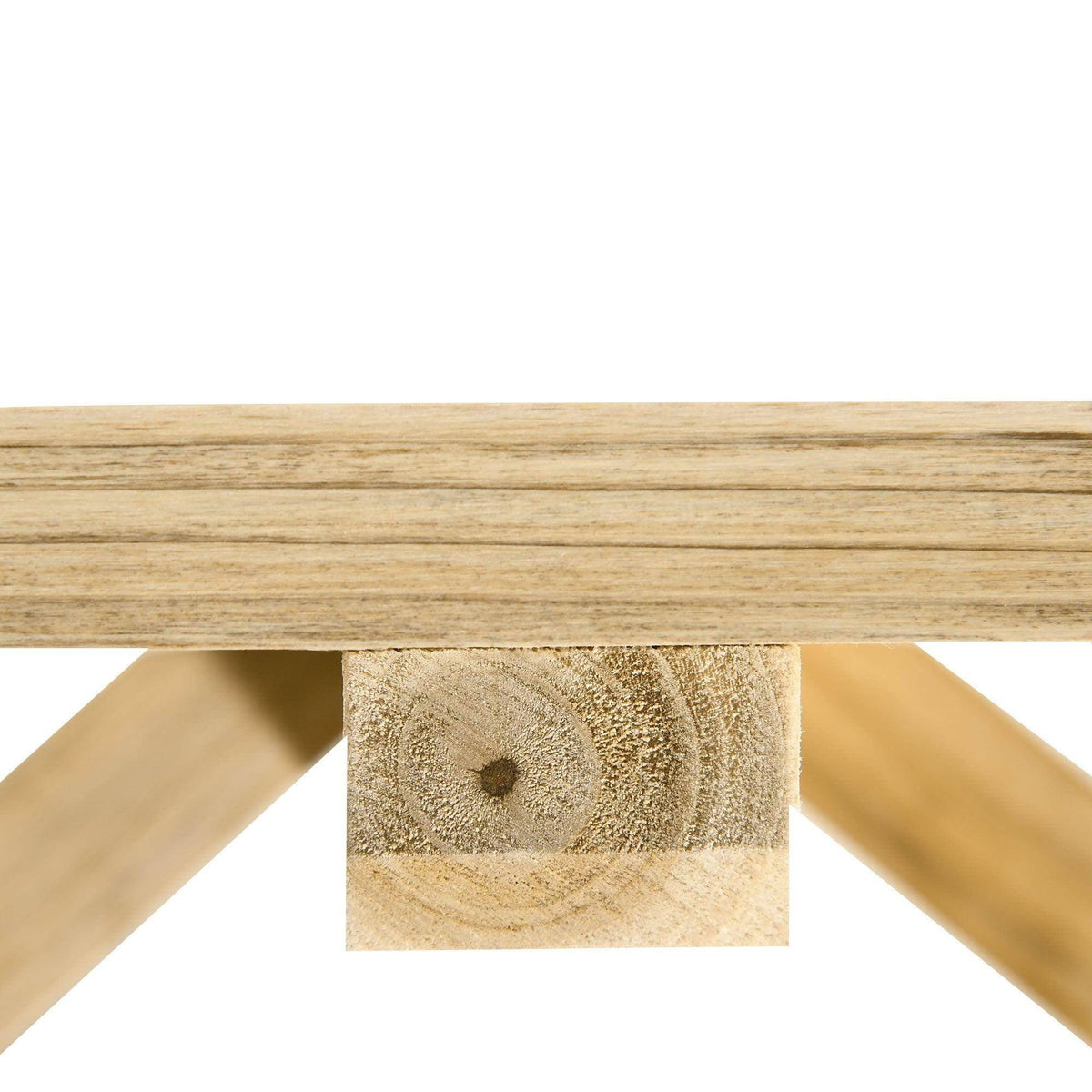 Slatted wooden bench seat underside with cross support brace, natural finish.