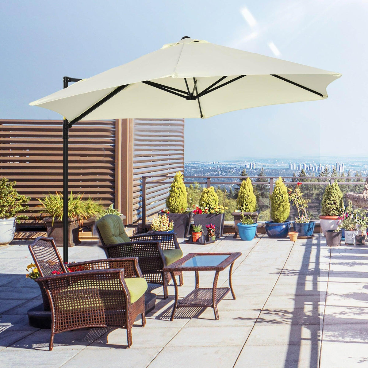 Beige cantilever garden umbrella with off-white canopy and black support frame, open