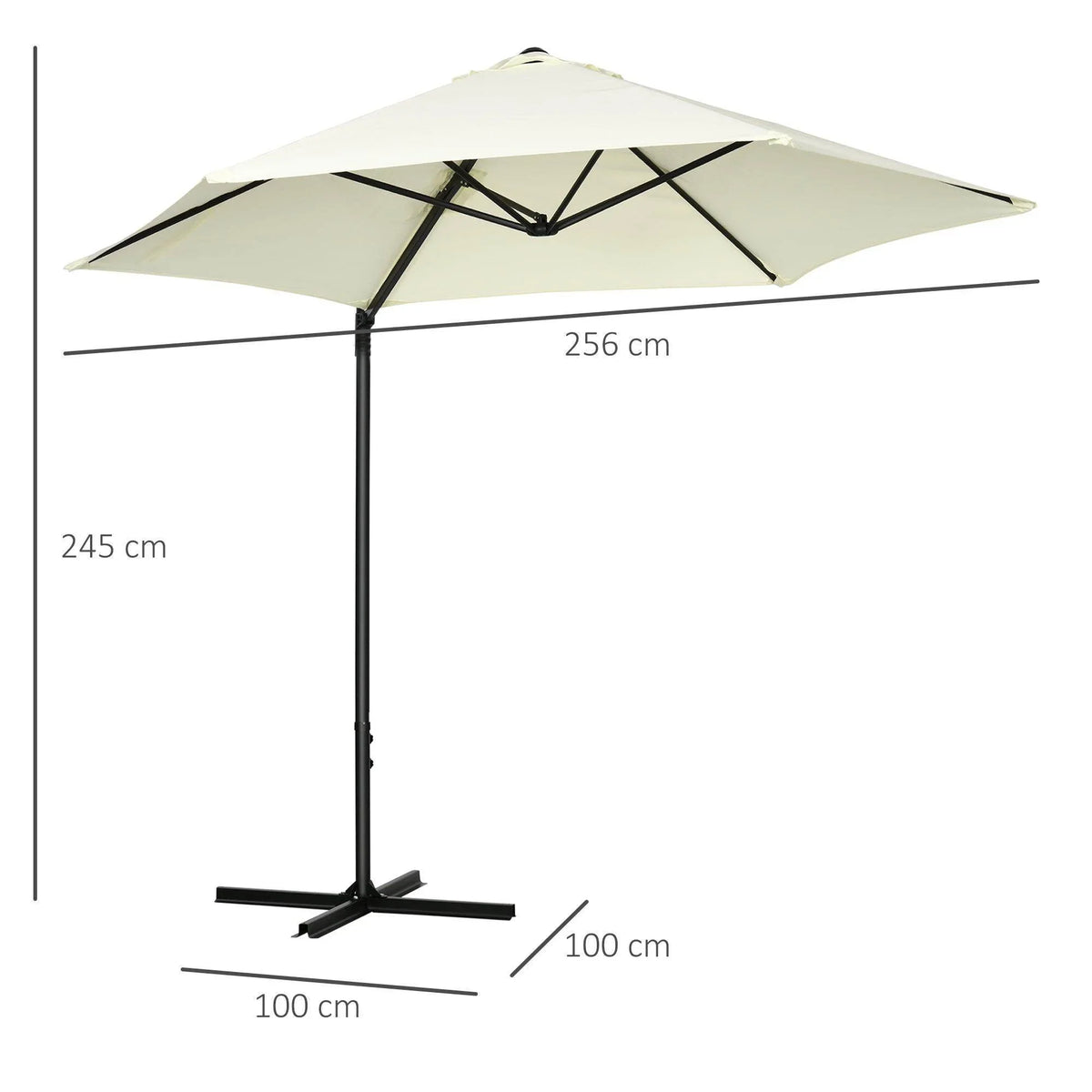 Beige cantilever garden umbrella with open off-white canopy, tall black pole, cross brace