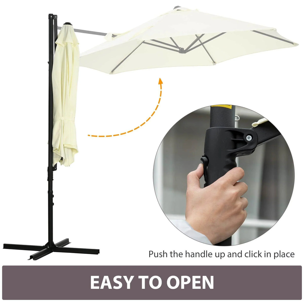 Beige cantilever umbrella with open off-white canopy, side view of black locking latch