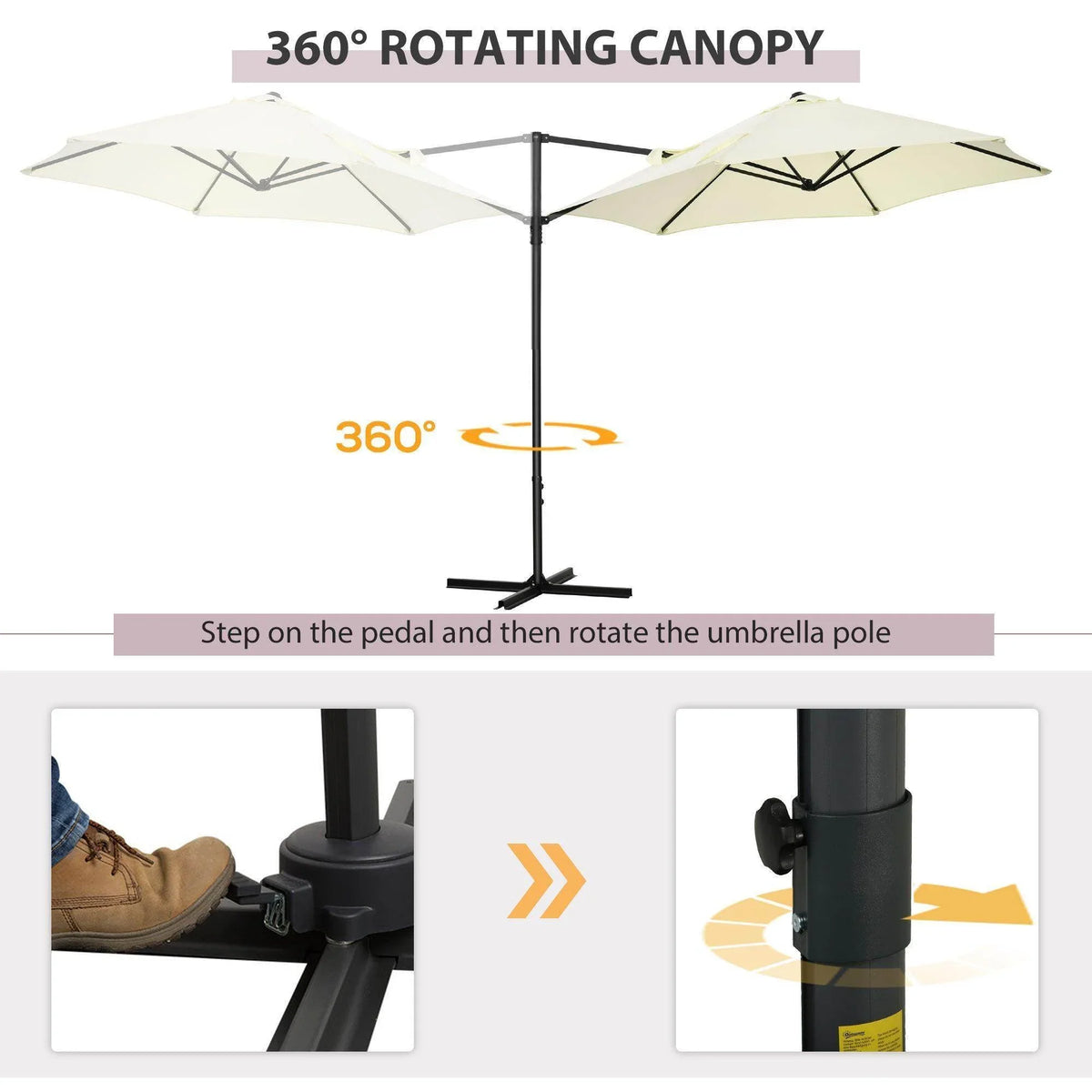 Beige cantilever umbrella with open off-white canopy, 360 rotating pole and foot pedal base