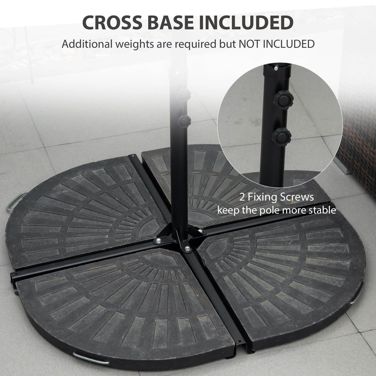 Beige cantilever umbrella cross base with two fixing screws on black stand