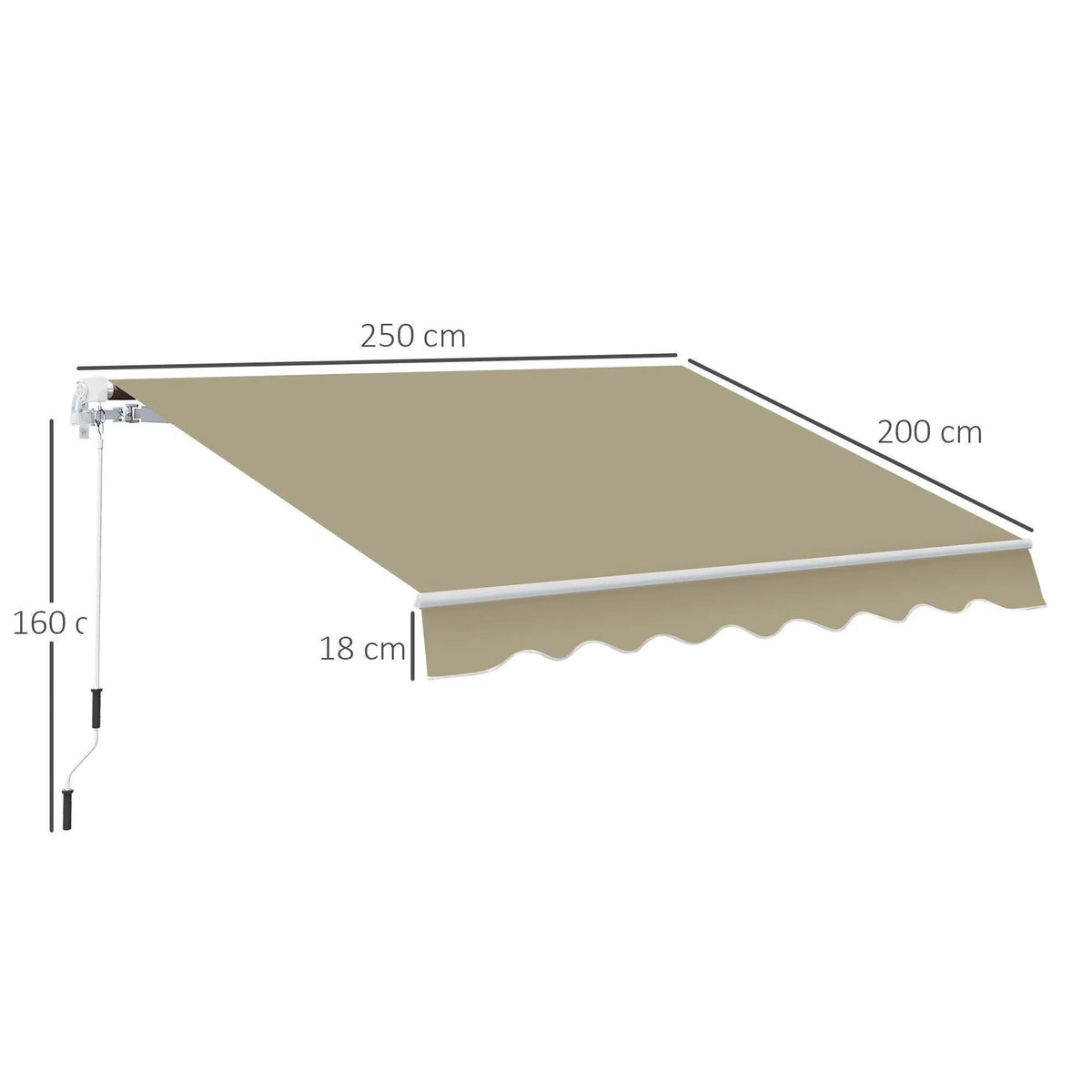 Manual retractable awning diagram: beige canopy with scalloped valance, white housing