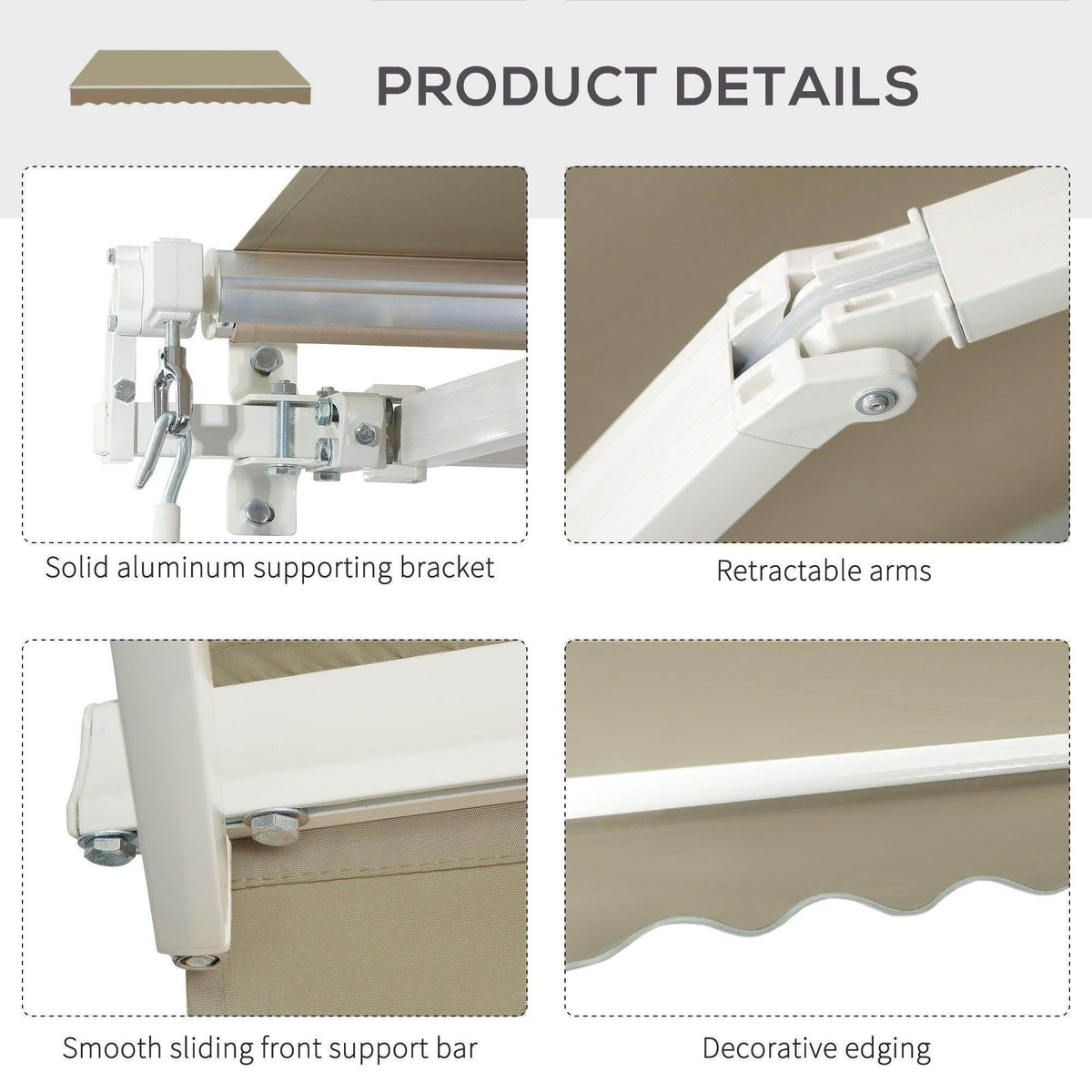 Manual retractable awning detail: aluminum bracket, retractable arms, scalloped trim