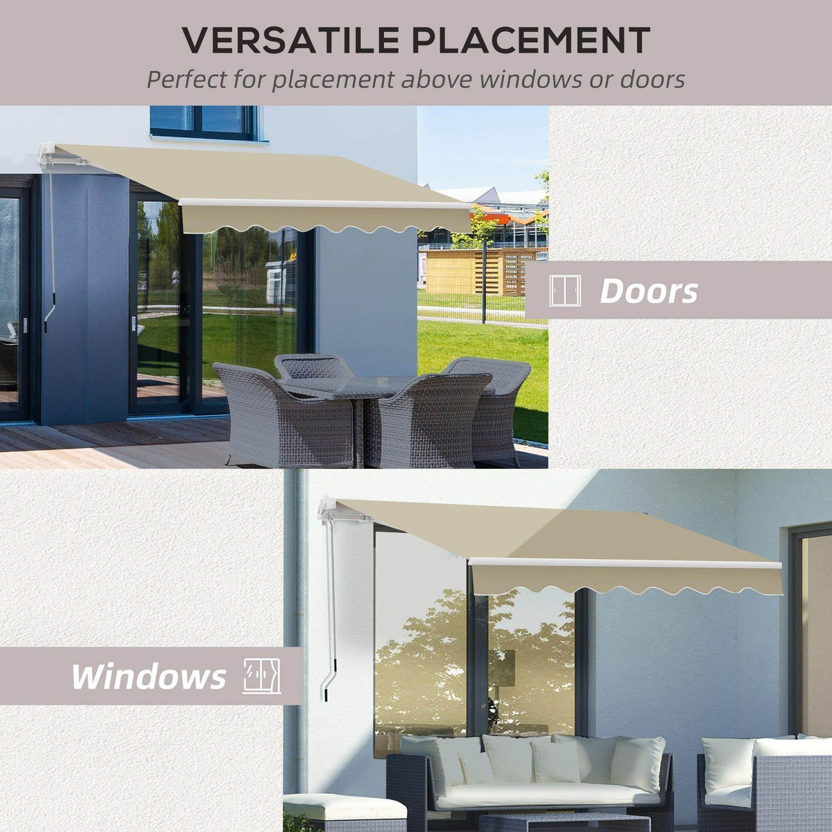 Manual retractable awning mounted above door and windows with beige canopy