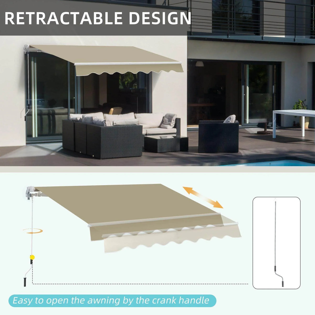 Manual retractable awning over outdoor seating, beige canopy with scalloped valance