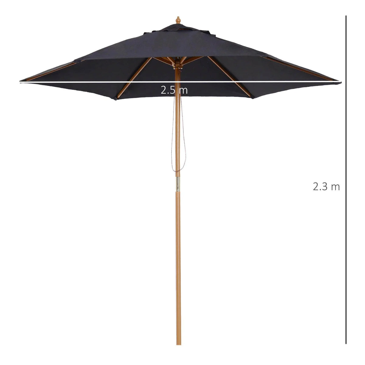 Black 2.5m outdoor patio umbrella with wooden pole, ideal for garden shade and backyard relaxation.