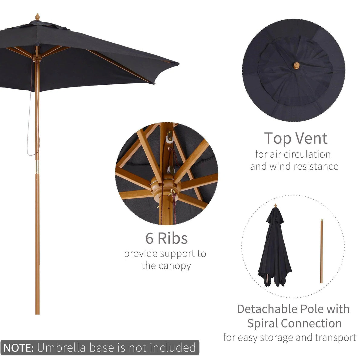 Black outdoor patio umbrella with 6 ribs, top vent, and detachable pole for easy storage