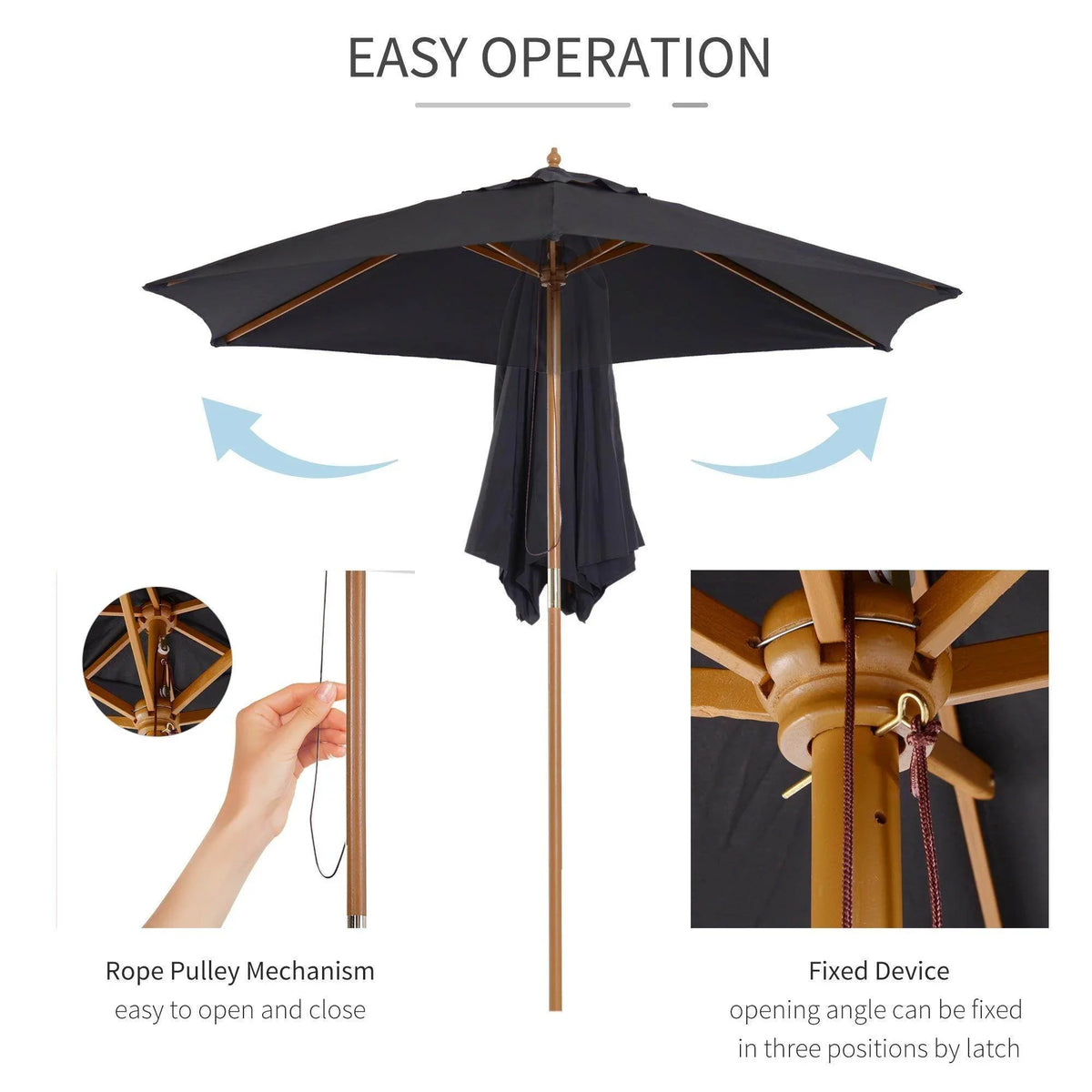 Black outdoor patio umbrella with rope pulley mechanism and adjustable tilt for easy operation