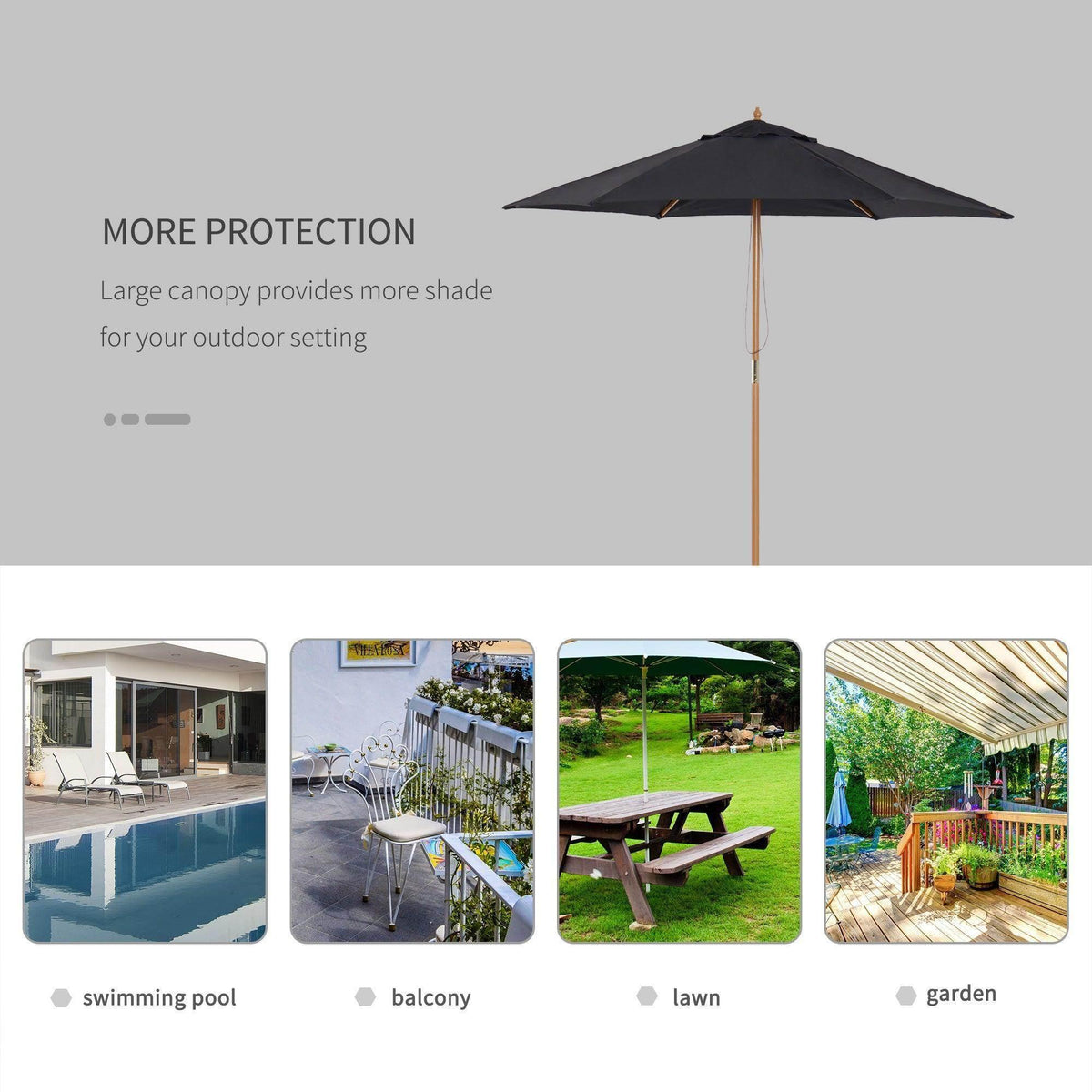 Large black outdoor umbrella with wooden pole, perfect for shade at pool, balcony, lawn, or garden