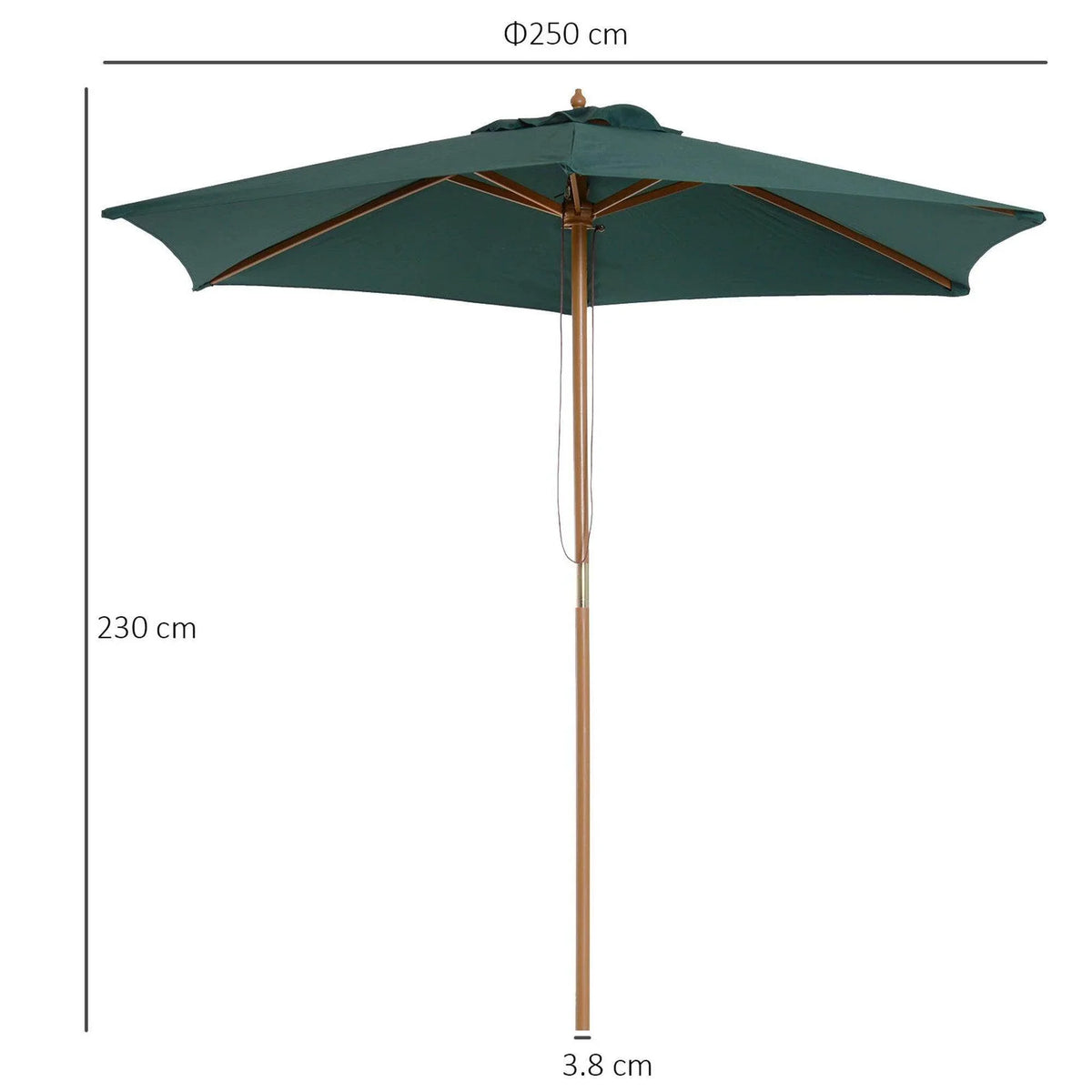 Large 250cm green outdoor patio umbrella with wooden pole, perfect for garden shade and backyard relaxation.