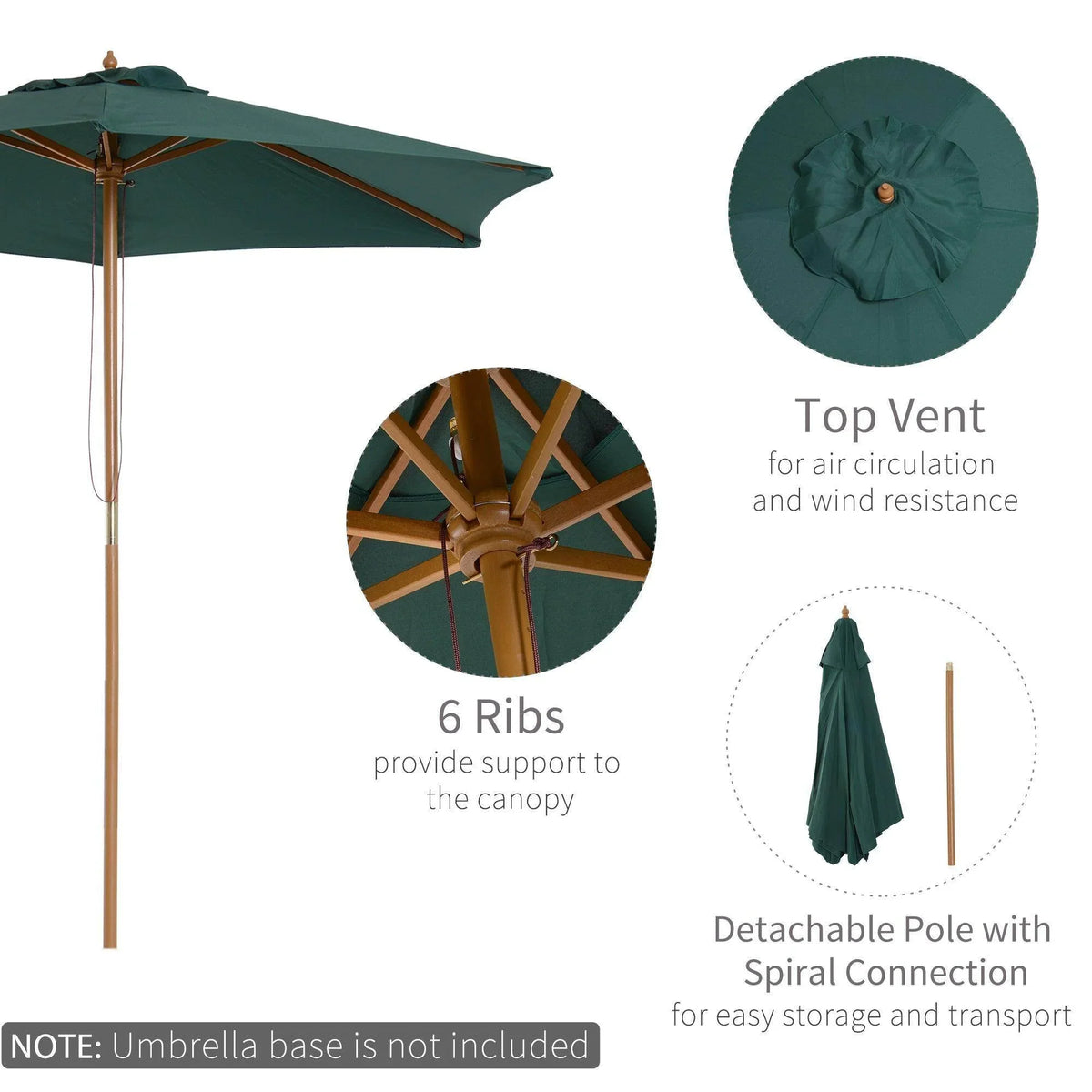Green outdoor patio umbrella with 6 ribs, top vent, and detachable pole for easy storage