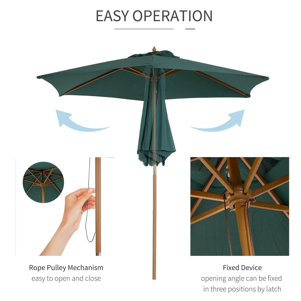 Green outdoor patio umbrella with rope pulley for easy open/close and adjustable tilt latch