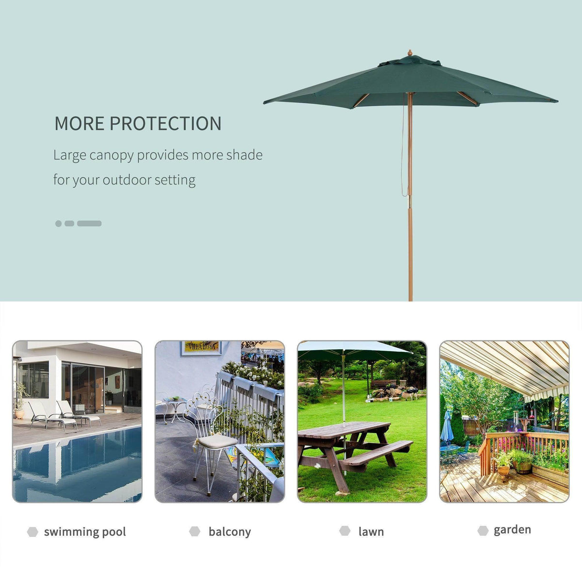 Large green outdoor umbrella providing shade for patio, pool, lawn, and garden settings