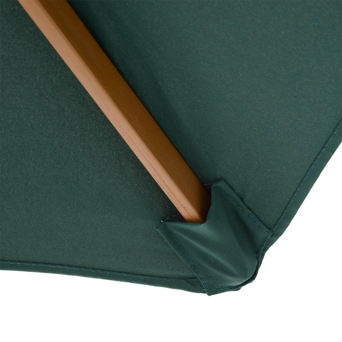 Green outdoor patio table cover with wooden frame detail, durable fabric for garden furniture protection