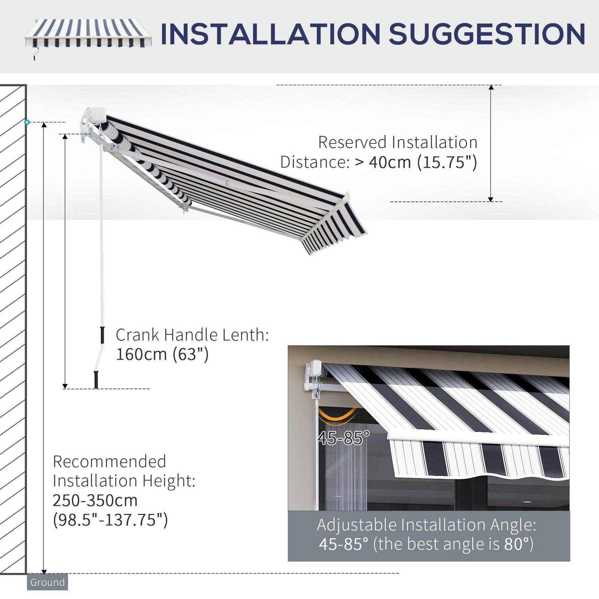 Striped outdoor awning installation guide with dimensions, crank handle length, and adjustable angle for patio shade.